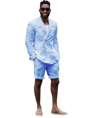 Mens Double Breasted Linen Suit Set with Shorts 2 Piece Suits for Men Beach Wedding JXZ014