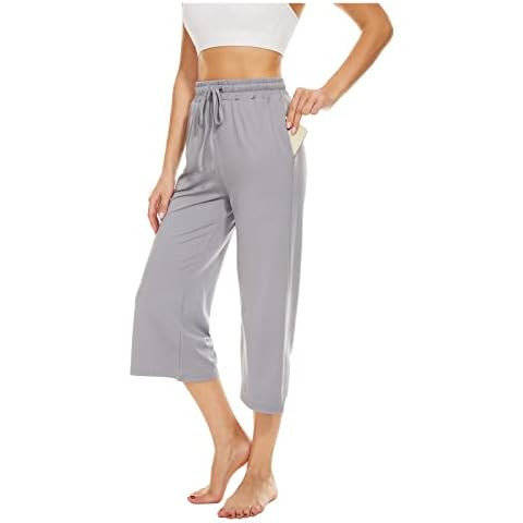 BATHRINS Women's Lounge Trousers, Ladies Straight Leg Trousers 3/4 Length Sports Pants with Pockets Drawstring Capri Casual Wear for Yoga Running Joggers(Light Grey,XL) Cover