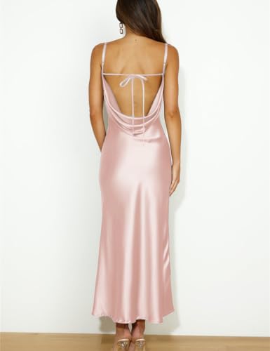 Image of Summer Satin Spaghetti Strap Cowl Neck Backless Midi Dresses for Women Elegant Tie Low Back Ruched Cocktail Dress