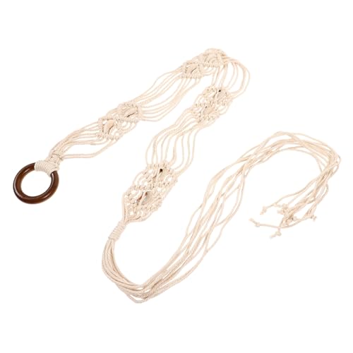 FRCOLOR Boho Handmade Woven Waist Belt for Women with Shell Wood Buckle Decorative Wax Rope Band for Dresses Skirts Jeans Elegant Costume Accessory for Teen and Ladies
