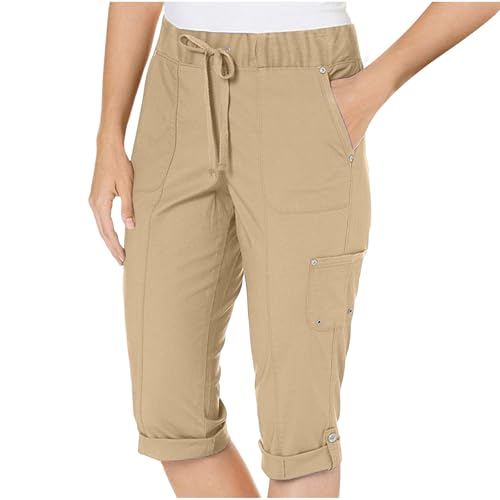 Cargo Capris for Women with Pockets High Waist Drawstring Hiking Capri Pants Summer Fold Hem Workout Cropped Trouser(Beige,Large)