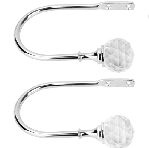 2 Pack Silver Metal Curtain Tie Backs - Polished U-Shaped Drapery Holdbacks with Crystal Ball Decor (15x10cm) - Wall Mounted Heavy Duty Curtain Hooks for Living Room & Bedroom