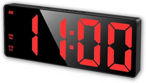 Image of Digital Alarm Clock, Mirror Surface LED Electronic Clocks Large Display, Adjustable Brightness, Dual Power Supply, Snooze Model for Bedroom, Desk, Office (Black Case + Red Digit)
