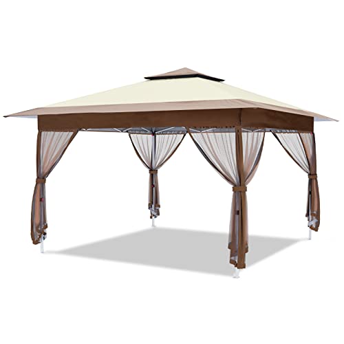 OUTFINE 12’x12′ Gazebo Outdoor Pop up Canopy Tent with Curtains and Shelter for Patio, Party & Backyard (Khaki)