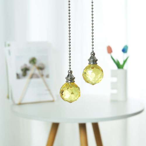 Image of Yellow 2pcs Crystal Ceiling Fan Pull Chain Pull Chain Dazzling Crystal Prism Ball 30mm Extension with Connector for Fan,Extra 2Pcs Pull Connectors