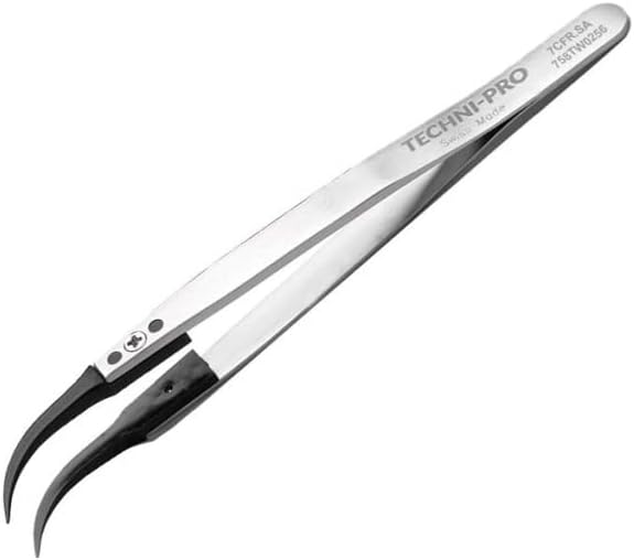 758TW0256-5.1' ESD Plastic Tip Tweezers, Style 7, Carbon Fiber Tips A7CF, Curved, Very Fine