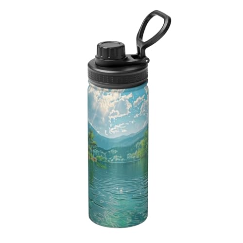 水筒532ml 18oz山と水の美しい景色 真空断熱 保温 保冷 軽量 ステンレスボトル ハンドル付き 漏れない ハンドル付 通勤 通学 子供用 大人 蓋付き 贈り物