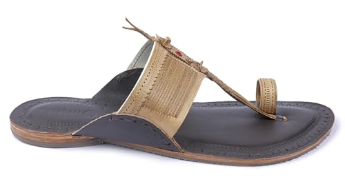 Image of KORAKARI Mens Handmade Kolhapuri Chappal Smooth and Comfortable, Stylish Durable Anti Slip Design Flip Flops Slippers Genuine Leather Traditional Indian Footwear.