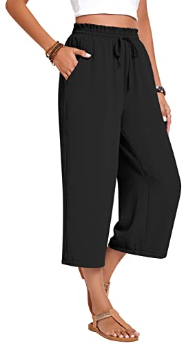 Anyhold Women's Capri Pants Drawstring Casual Palazzo Trousers with Pockets Loose High Waisted Wide Leg Lounge Pants3