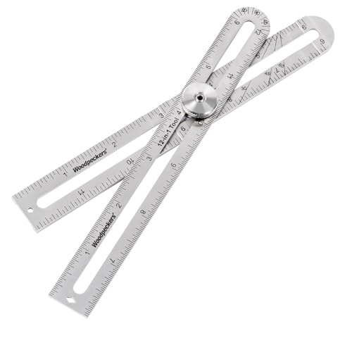 Woodpeckers 12-in-1 Pocket Layout Tool, Inch Model, USA Made Adjustable Square for Woodworking, Stainless Steel, Gauge, Square and Rule in One