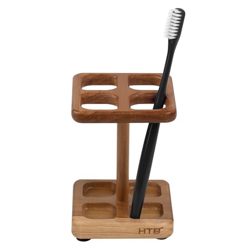 HTB Toothbrush Holders for Bathrooms Teak Toothbrush Organizer Storage for Countertop Tooth Brush Stand for Makeup Brush Razor Bathroom Accessories