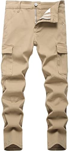Boy's Khaki Cargo Pants Classic Elastic Waist Straight Leg Multi-Pockets Stretch Comfy Kids Pants,221-9,8