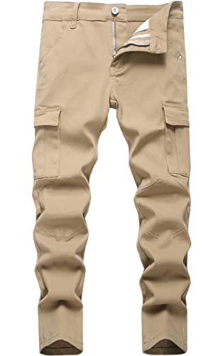 Boy's Khaki Cargo Pants Classic Elastic Waist Straight Leg Multi-Pockets Stretch Comfy Kids Pants,221-9,8 #TOP29