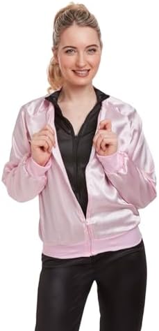 Ladies Retro Jacket Pink Satin Jackets Zip UP 1950s Grease Jacket