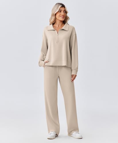 Image of PINSPARK 2 Piece Sets for Women 1 /2 Zip Sweatsuit Loose Fit Sweatshirt Straight Leg Pants 2026 Matching Outfit Fall Tracksuit