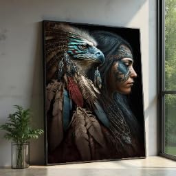 Peinture coiffe de plumes d'aigle XINBAO toile visage tribal 21x30cm cadre