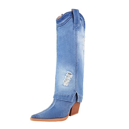 Image of Reitoye Cowboy Boots Women Knee High Cowgirl Embroidered Chunky Heel Boots | Block Chunky Heel,Pointed Toe,Half Side Zipper & Pull Tab,Embroidered Tall Boots,Fall Summer Spring Winter Dress Long Boots