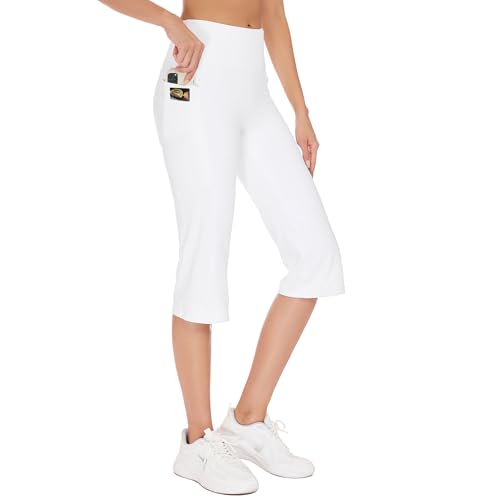adorence Corsaire Femme été avec 5 Poches, Pantacourt de Yoga Femme été Jambe Droite, Opaque 3/4 Pantalon Sport, Taille Haute 3/4 Pantalon Casual - Blanc,XL