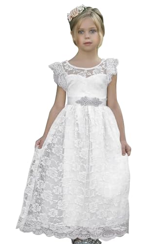 Lace Boho Flower Girl Dress Kids Wedding Princess Dress Satin Bow-Knot Birthday Party Prom Ball Gowns Ruffle Dresses