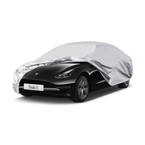 Waterproof Car Cover for Tesla 3, 5 Layers Compatible with Tesla 3 All Weather, Snowproof Windproof Rain Ice Sun UV Protection silver Custom Fit Tesla
