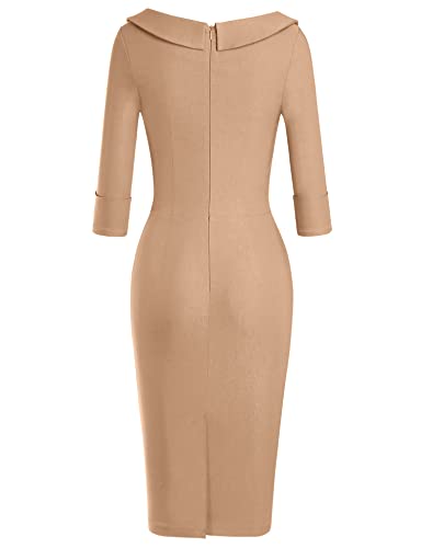 Muxxn Women's Retro 50S Style Back Split Bodycon Business Date Dress (Camel L) #TOP1