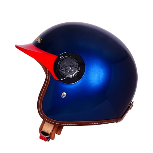 Image of Steelbird SBH 65 Retro 3.0 DOT and ISI Certified Open Face Helmet for Men and Women (X-Large 620 MM,Glossy Armada Blue with Red Peak)