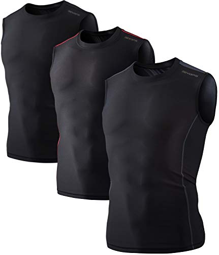 DEVOPS Men's 3 Pack Cool Dry Athletic Compression Baselayer Workout Mesh Sleeveless Shirts