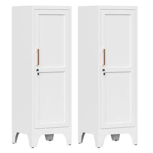 Image of 46 inchH White Metal Locker Set of 2,Small Locking Cabinet with 1 Door and 2 Adjustable Shelves For Employees,3 Tier Small Storage Cabinet with Detachable Legs for Kitchen, Office,School,Gym,Easy Assembly