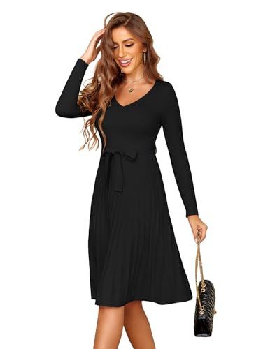 Zeagoo Strickkleid Damen Pulloverkleid V-Ausschnitt Langarm Winterkleid Herbst Elegant Tunika Kleid A-Linie Plissee Kleider mit Gürtel Schwarz S