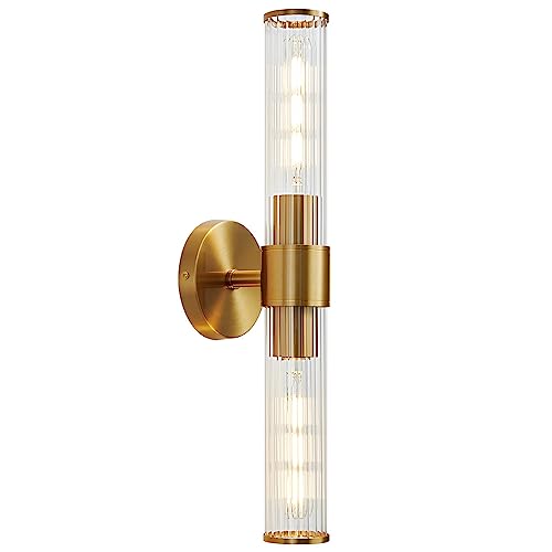 Vaziden Bathroom Light Fixtures, Gold Wall Sconce in Threaded Glass Indoor Wall Sconces, Modern Bathroom Vanity Light Up and Down Sconces Wall Lighting for Living Room, Hallway - Bulb Not Included by Vaziden - Used condition - US$25.49