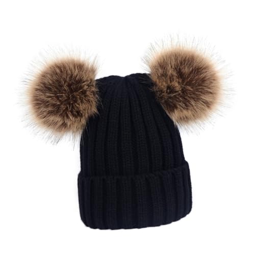 BESPORTBLE Kids Winter Knitted Beanie Hat with Faux Fox Fur Pom Poms Warm Earflap Design for Boys and Girls One Size Fits Most Black