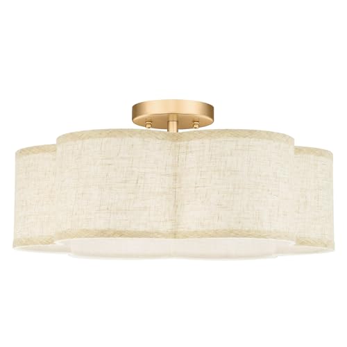 Image of Semi Flush Mount Ceiling Lights, 6-Light 18 inch Gold Light Fixtures Ceiling Mount with Fabric Shade in Flower Shape, Drum Lighting Fixture for Nursery Bedroom Kitchen, AD-22007-6SF-GD-B
