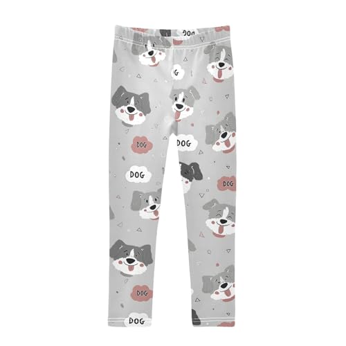 Cute Gray Dog Geometric Girls Leggings Ultra Soft Compression Yoga Gym Pants for Kids 4-10T