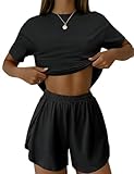 IECCP SCHLAFANZUG DAMEN KURZ PYJAMA KURZARM SCHLAFANZUGOBERTEILE NACHTWÄSCHE SET ZWEITEILIGER SOMMER LOUNGEWEAR SLEEPWEAR SCHWARZ SCHLAFANZUG L