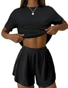 IECCP Schlafanzug Damen Kurz Pyjamaset Nachtwäsche Loungewear Schwarz M