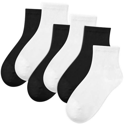 Radsocken 6 Pairs Crew Ankle Socks, Cotton Athletic Running Casual Socks, Breathable Liners Sports Socks for Men Women?Black+White?