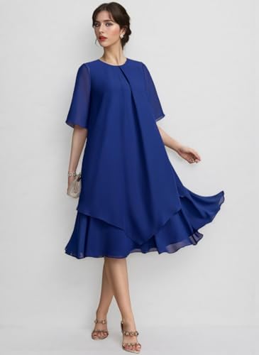 Tea Length Mother of The Bride Dresses for Wedding Chiffon Round Neck Formal Women's Evening Dress MD0062