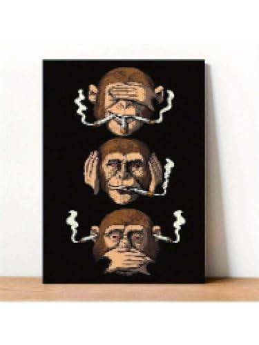 Singes de la sagesse fumeurs : tableau décoration murale salon 20x30