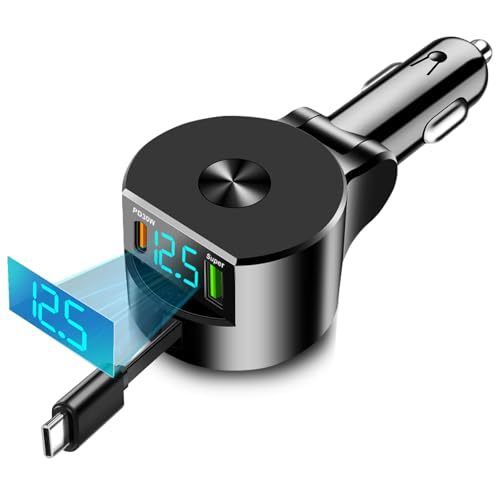 Retractable USB C Car Charger, PD 30W Type C Fast Car Charger Compatible with iPhone 16 Pro Max Plus 15 14 13 XS Samsung GPS