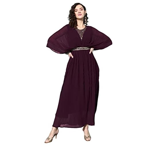 LYMI LABEL Western Gown For Women - Georgette Butterfly Sleeves Long Cinched Waist Gown Dress With Belt For Traditional, Indo Western, Ethnic Wear