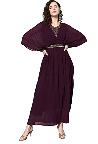 LYMI LABEL Georgette Western Gown with Butterfly Sleeves and Belt – Long Cinched Waist Dress for Women in Traditional, Indo Western, Ethnic Wear LYMI LABEL Georgette Western Gown with Butterfly Sleeves and Belt – Long Cinched Waist Dress for Women in Traditional, Indo Western, Ethnic Wear