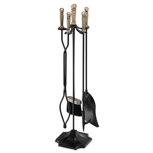 COSTWAY 4/5 Piece Fire Tools Set, Iron Fireplace Fireside Companion Brush, Poker, Shovel and Tong, Perfect for All Rooms Fire Place (5 Pieces, Octagonal Base, Black+Bronze)
