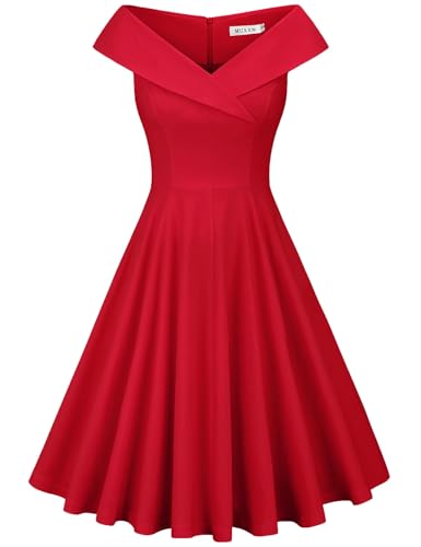 MUXXN Women's 1950s Retro Vintage Sleeveless V Neck Midi Cocktail Swing Dress