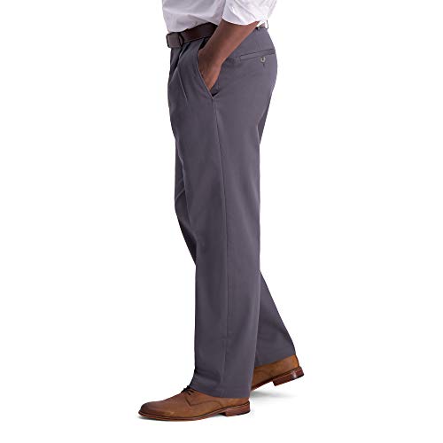 سروال كاكي بقصة كلاسيكية وطيات أمامية بتصميم لا يتطلب الكي للرجال من هاجر - مقاسات عادية وكبيرة وطويلة، لون رمادي داكن، خصر 38/ طول 34