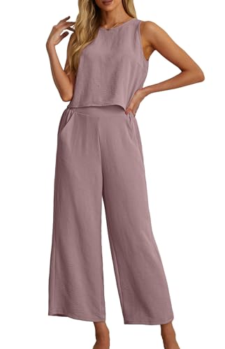 IWOLLENCE Women's Summer 2 Piece Outfits Set Round neck Sleeveless Tank Crop Top Wide Leg pants Set Pockets Jumpsuits Purple Pink Large