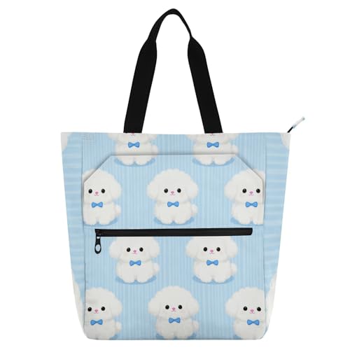 Bolsa de mano para estudiantes con diseño de bichón frise y práctico espacio para libros.
