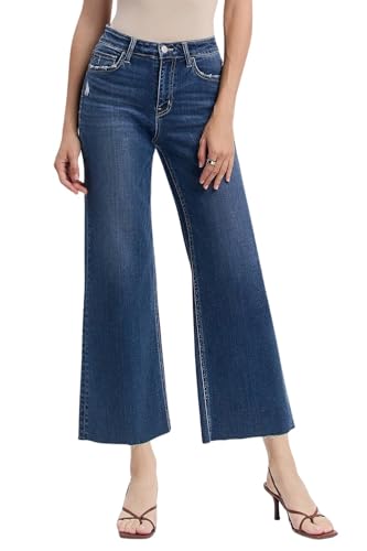 Flying Monkey Women's High-Rise Crop Clean Cut Raw Hem Wide Leg Jeans