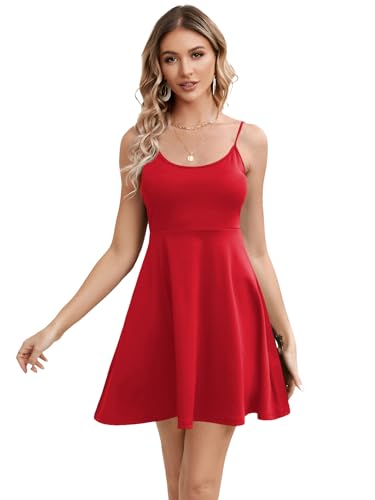 GORGLITTER Women's Sleeveless Spaghetti Strap A Line Mini Dress Backless Scoop Neck Flared Hem Short Cami Skater Dress Red L