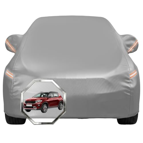 Image of Pivalo Car Cover for Kia Sonet All Model & Years with Mirror Pocket 100% Waterproof Triple Stitched Bottom Elastic Dust, Heat & UV Resistant Full Body Protection (Grey with Highlighter)