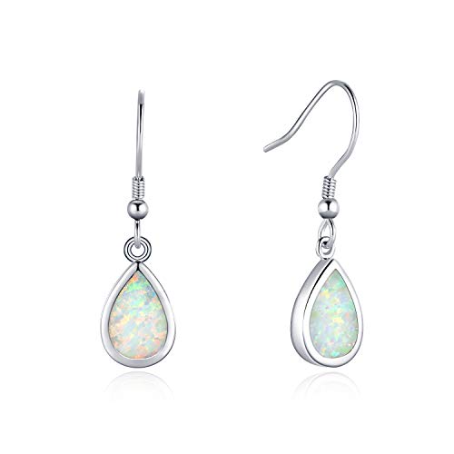 October Birthstone Earrings FANCIME Sterling Silver Opal Dangle Earrings White/Blue Teardrop Hook Drop Earrings October Birthstone Fine Jewelry for Women